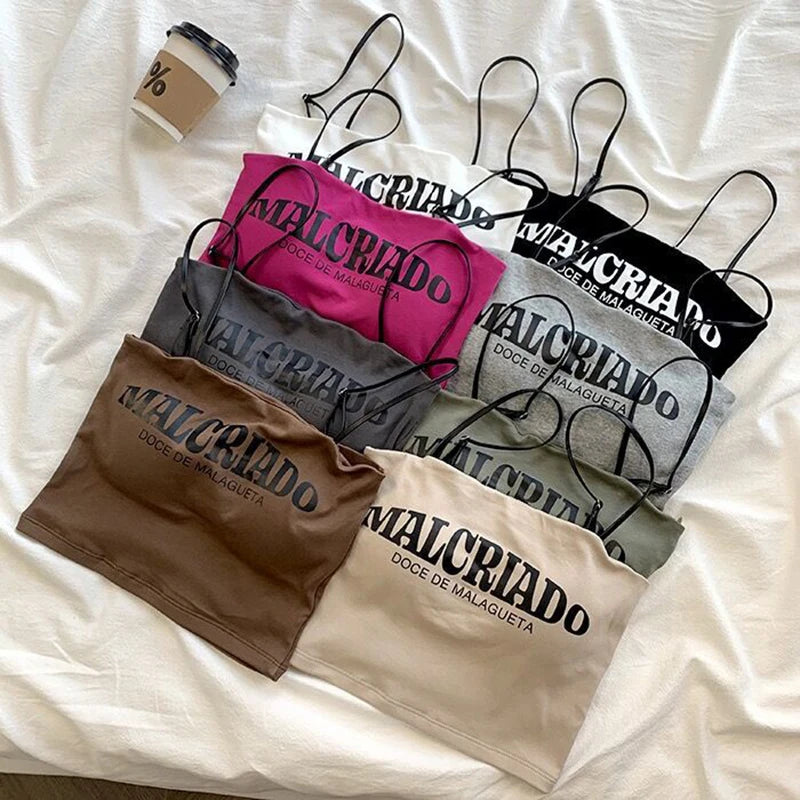 Sexy Crop Tops Women Summer Shirring Sleeveless Slim Camis Tops Bodycon With Chest Pad Letter Fashion Casual Soft Tops Female Zpaxo