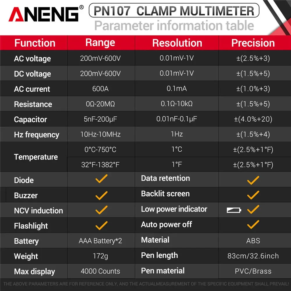 ANENG PN107 Digital Clamp Meter 600A AC Voltmeter Ammeter NCV Diode