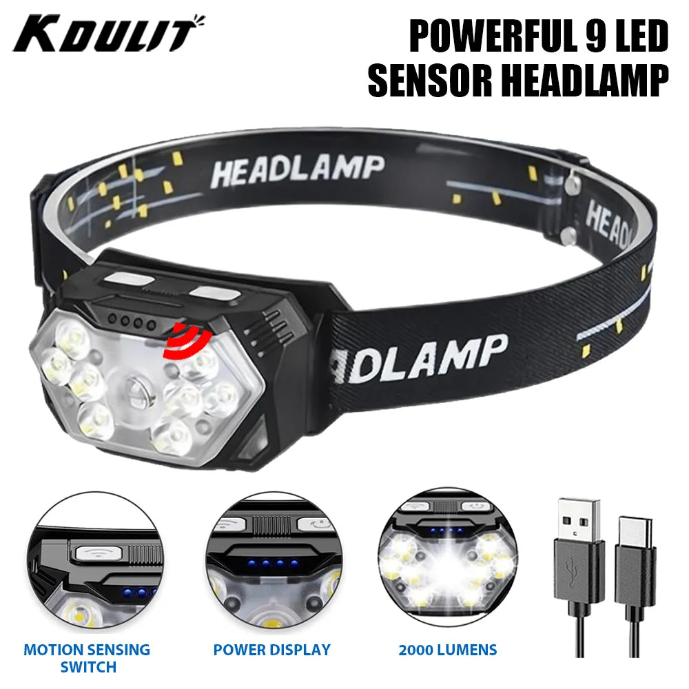 KDULIT LED Headlamp USB Rechargeable 2000 Lumen Motion Sensor