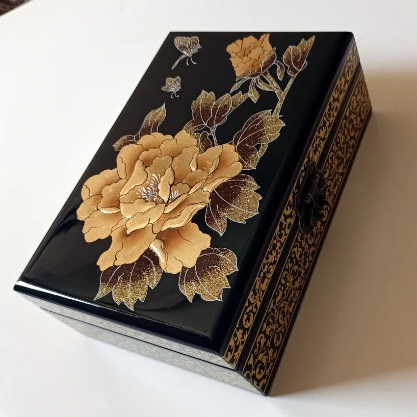 Handmade Lacquerware Jewellery Box – Hand-Painted Wood & Lock Jewellery Storage Box Zpaxo black