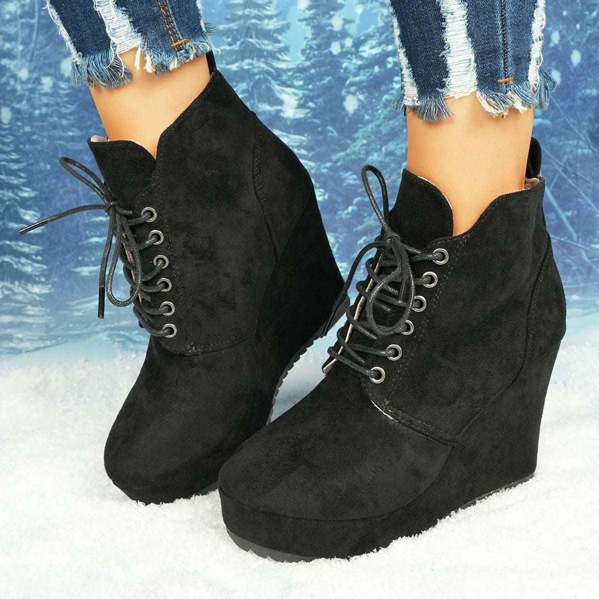 2025 New Women Boots Plus Size Chunky Platform Ankle Boots Woman Autumn Winter Short Booties Fashion Lace Up Wedge Shoes Women Zpaxo