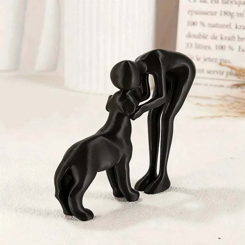 Abstract Art Sculpture Figurine Black Dog Owner Statue Interactive