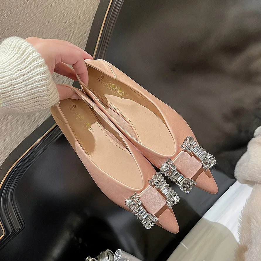 Flat Shoes for Women Spring and Autumn 2025 New Pointed Toe Metal Rhinestone Buckle and Satin Mouth Flat Heel for Women Zpaxo