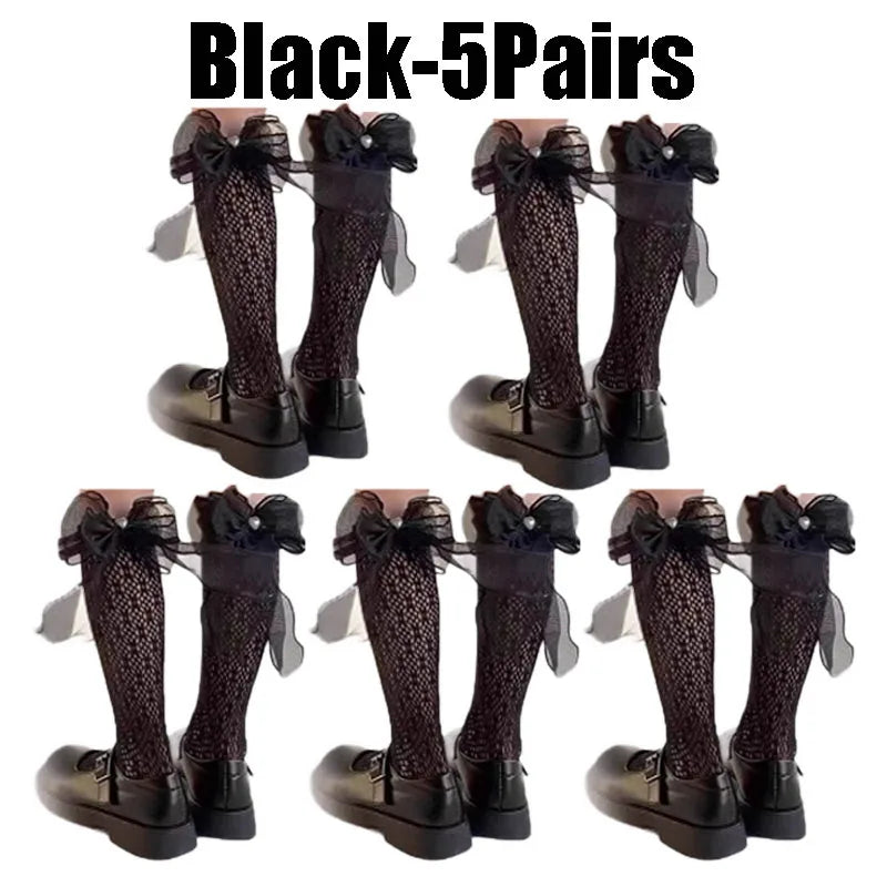 Breathable Lace Bow Over-the-knee Socks Women Sheer Mesh Elastic