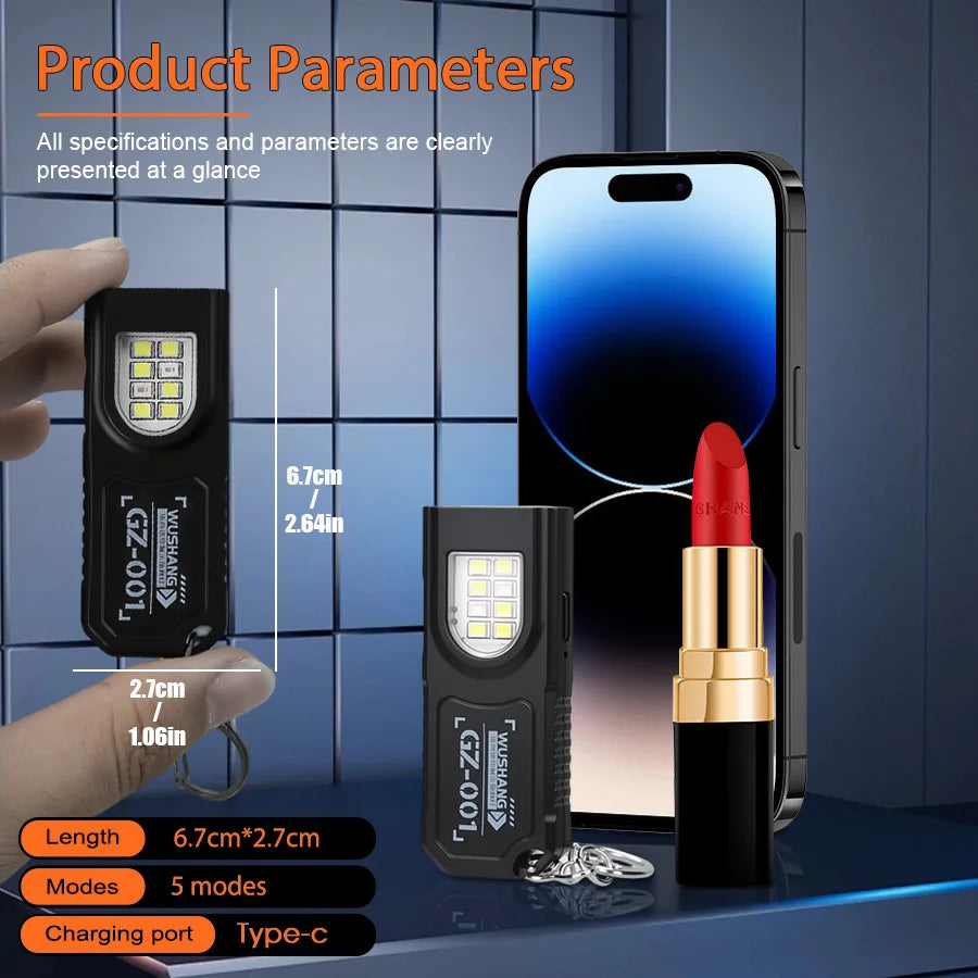 Mini COB LED Keychain Flashlight – USB-C Rechargeable, 5 Modes LED Keychain Flashlight Zpaxo