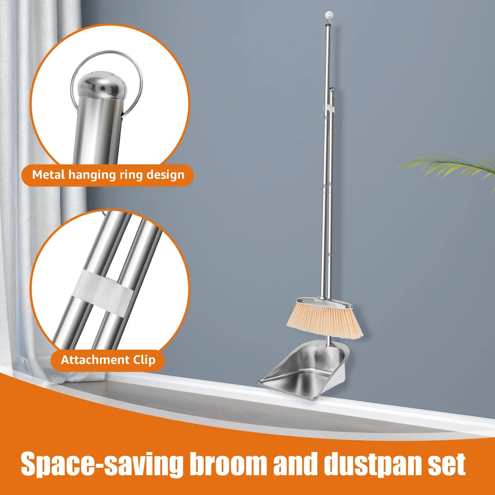 Broom and Dustpan Set Long Handle Upright Stainless Steel Dustpan Broom Set Portable Household Cleaning Tools for Home Office Zpaxo