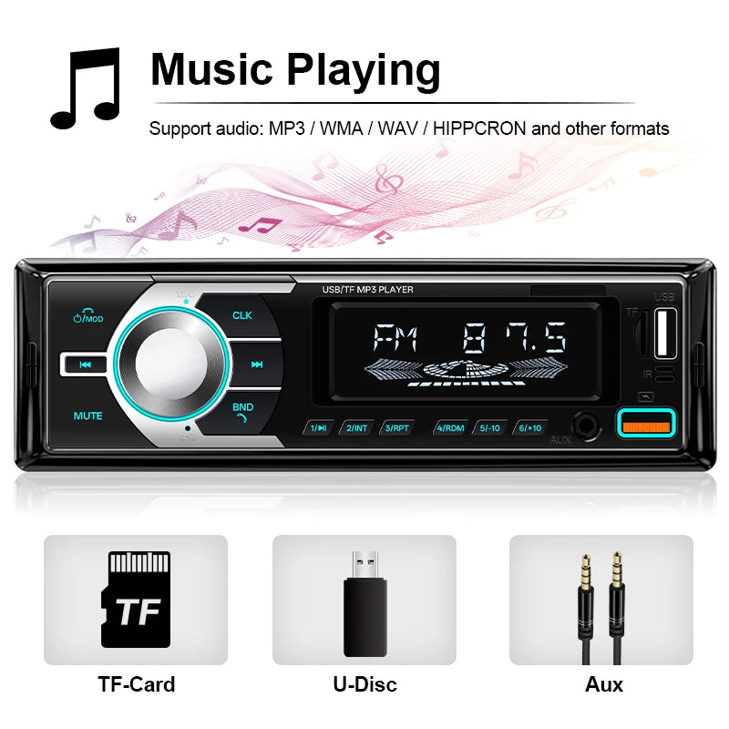 HIPPCRON Car MP3 Player 1 DIN Radio 7 Colorful Lights Stereos