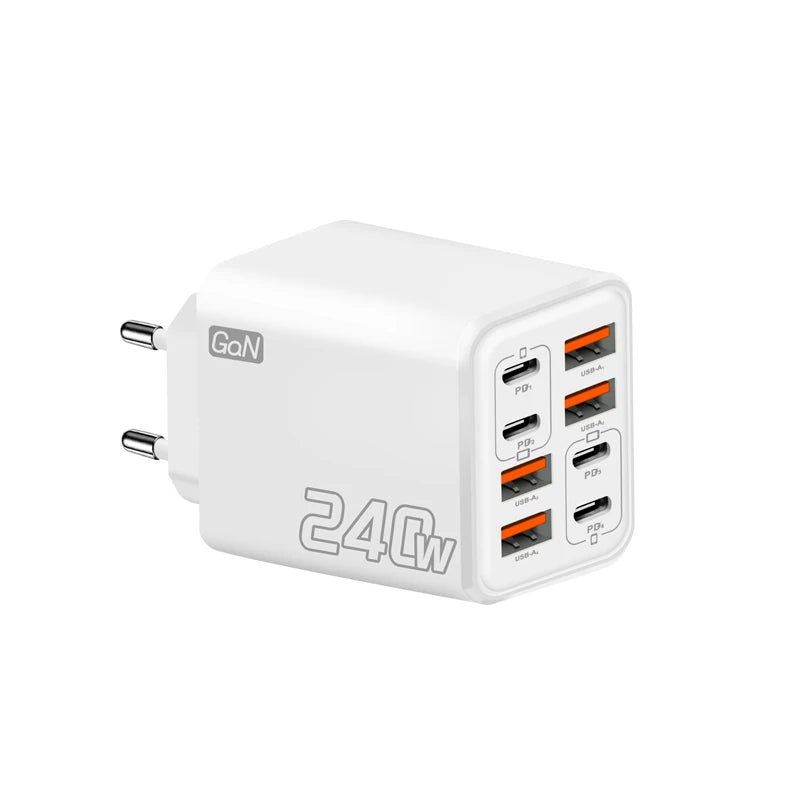 240W GaN USB C Charger 8 in 1 Fast Charging Phone Charger Power Adapter For iPhone Samsung Xiaomi Type C EU/US Plug Wall Charger Zpaxo White EU