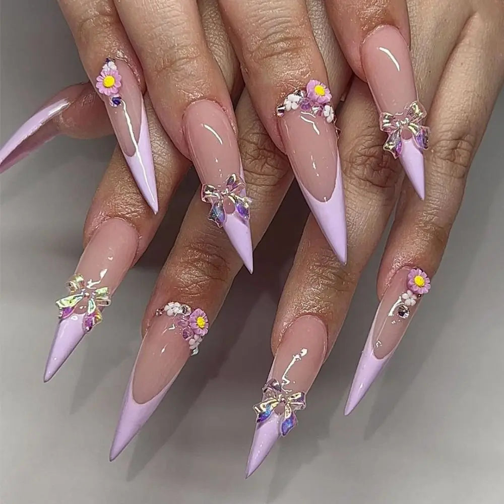 Manicure Long Almond Ballerina False Nails Flowers Glitter French Zpaxo JP3393