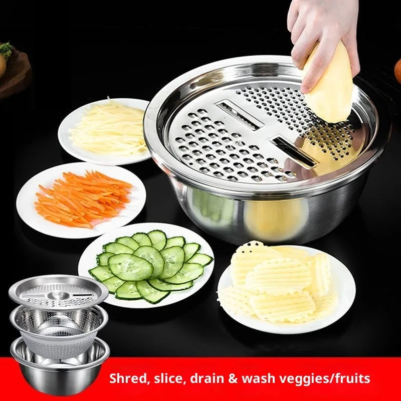 New 3pcs Stainless Steel Multifunctional Strainer, and Mixing Bowl for Washing and Slicing Fruits, Vegetables Tools Zpaxo