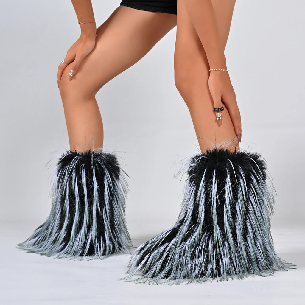 Women Faux Fur Boots Winter Fluffy Plush Warm Mid Calf Snow Boots Luxury Fashion Furry Boots Comfortable Outdoor Flat Shoes Zpaxo