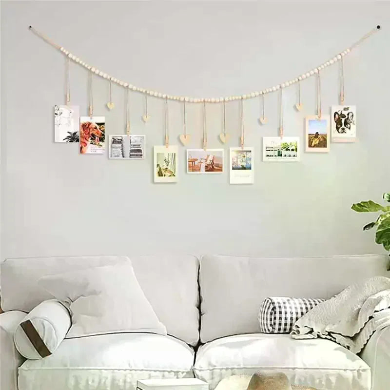 Hanging Photo Display Wooden Bead Garland Boho Wall Hanging For Bedroom Living Room Dorm Party Decor Teen Girl Gifts Zpaxo