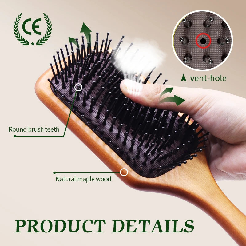 Square Paddle Detangling Hair Brush Women Head Scalp Massage Brush Wide Tooth Comb for Hair Big Air Cushion Maple Wood HairBrush Zpaxo