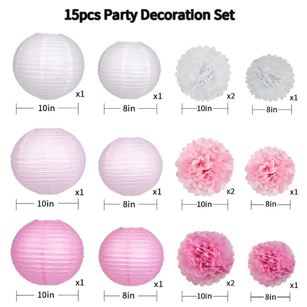 Pink White Paper Lanterns Tissue Pom Poms Bridal Shower Wedding