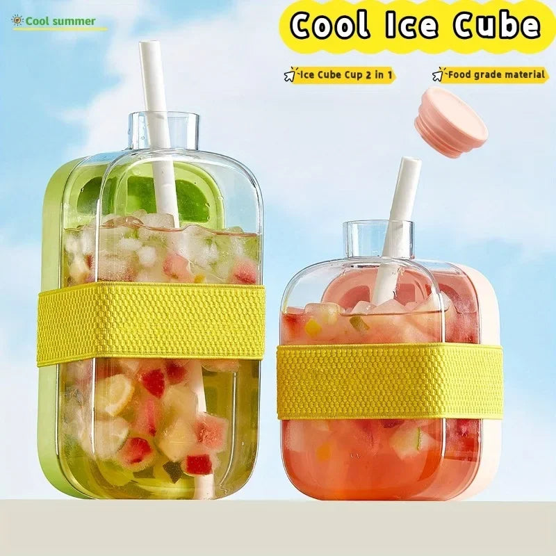 2-in-1 Ice Cube Tray Water Bottle with Press-to-Release Silicone Tray & Built in Bin Freezer-Safe Reusable Plastic with Straw Zpaxo