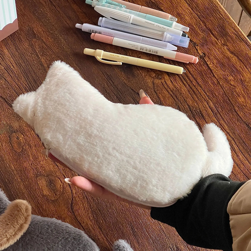 Cute Plush Cat Shaped Pencil Case Large Capacity Stationery Storage