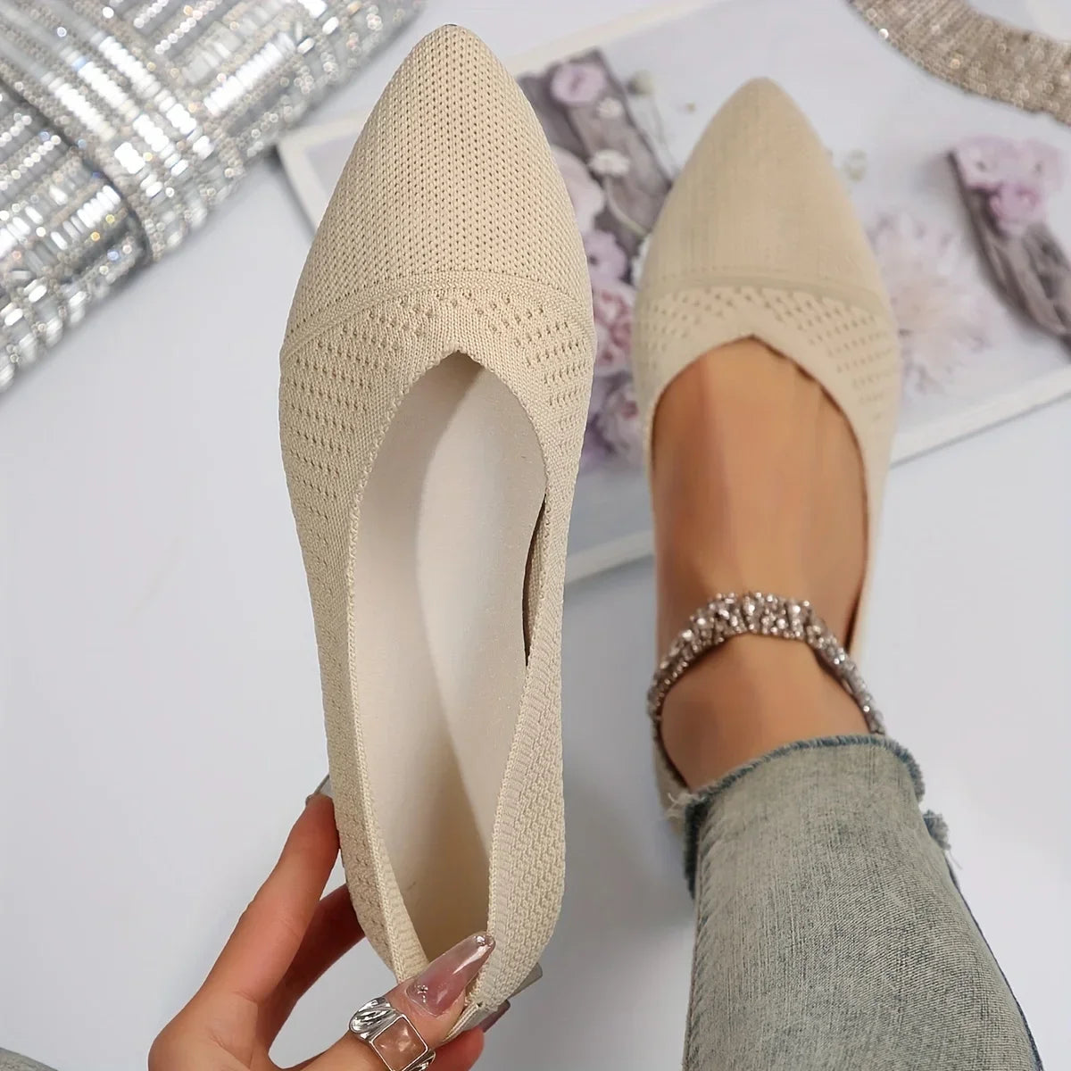 Women Flat Shoes Solid Color Knitted Slip on Loafers Women Pointed Toe Ladies Shoes Casual Breathable Ballet Women Flat Shoes Zpaxo Beige Color 43