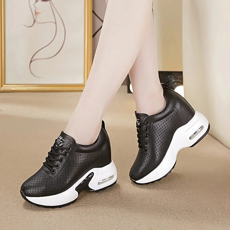White Perforated Leather Wedge Sneakers Women Lace Up Design Round Zpaxo