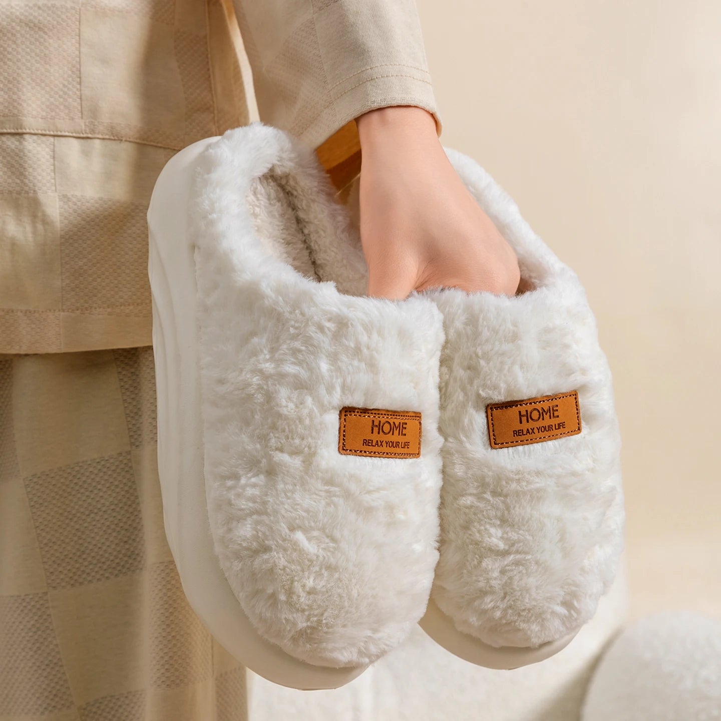 Women's Winter Slippers Indoor Non-slip Fleece Lined Warm House Shoes Zpaxo Beige 44-45