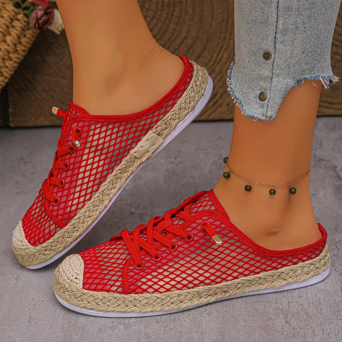 Women's Flat Lightweight Sneakers Solid Braid Hollow Breathable Zpaxo Red 39