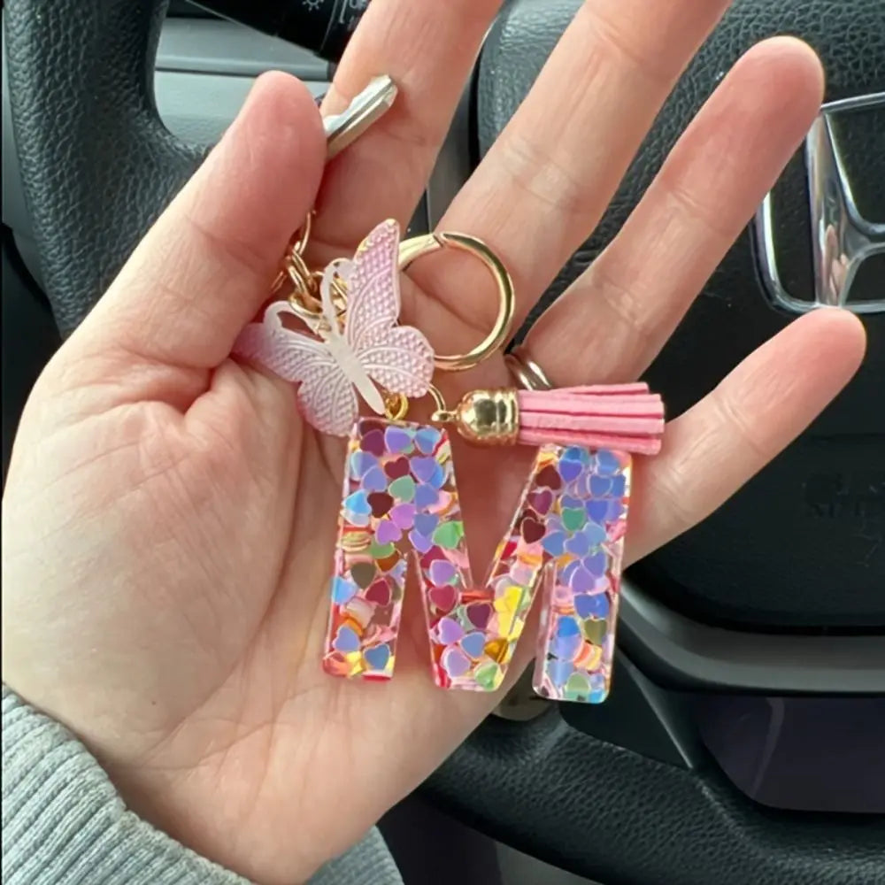 Personality Dreamy 26 Letter Keychain Sequin A-Z Butterfly Initial Keyring Exquisite Pink Alphabet Key Chain Handbag DecorWomen Zpaxo