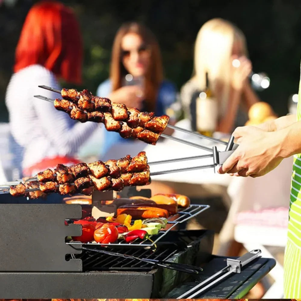 Stainless Steel BBQ Skewer Fork – Double Pin with Push Plate BBQ Skewer Fork Zpaxo