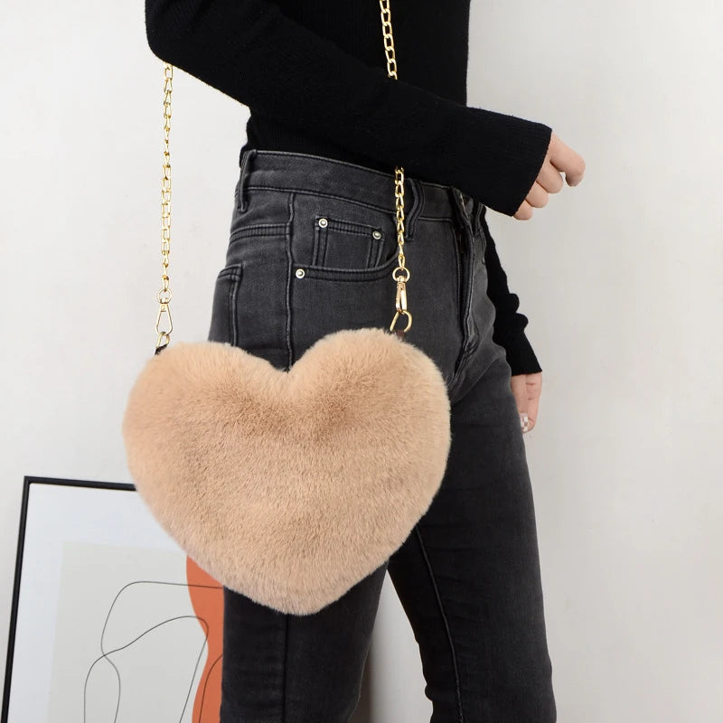 Fashion Women's Heart Shaped Handbags Cute Kawaii Faux Fur Crossbody
