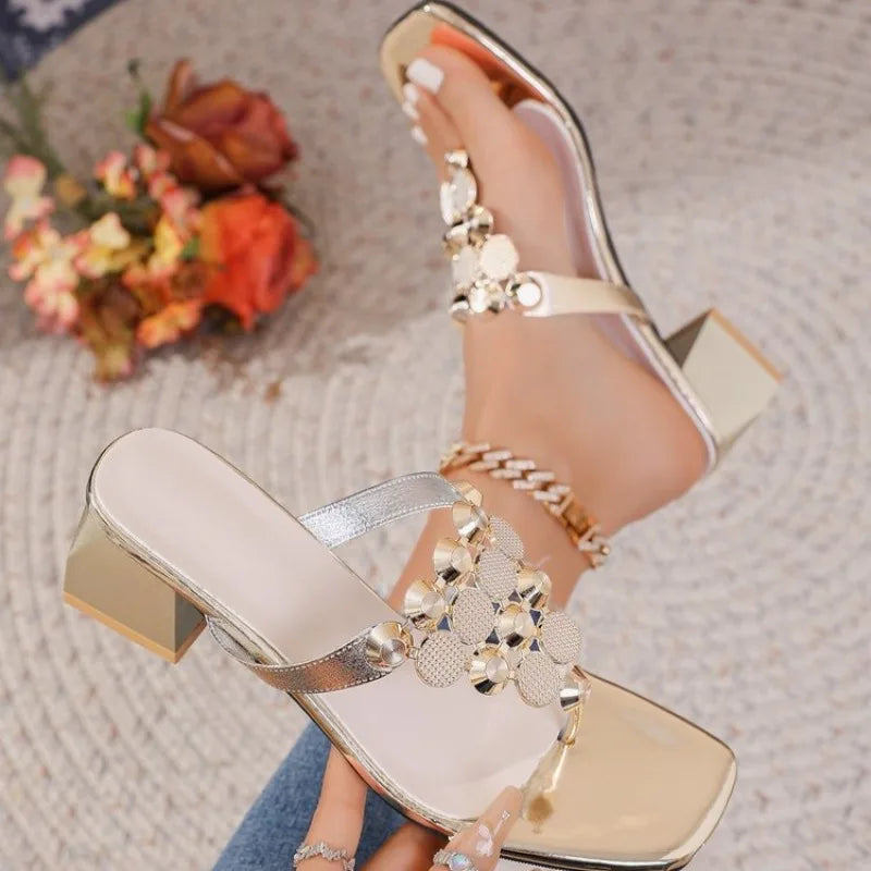 Women's Rhinestone Square Toe Summer Slippers 2026 Mid-heel Fashion Zpaxo