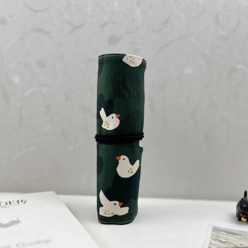 NNew Green Bird Canvas Fabric Pen Curtain Large Capacity Pen Bag Stationery Storage Bag Pen Bag Portable Pen Curtain Pencil Bag Zpaxo