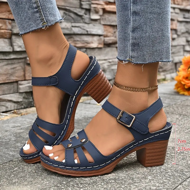 2026 Women's Chunky Heel Sandals Summer Fashion Heels Women Solid Zpaxo Blue 42