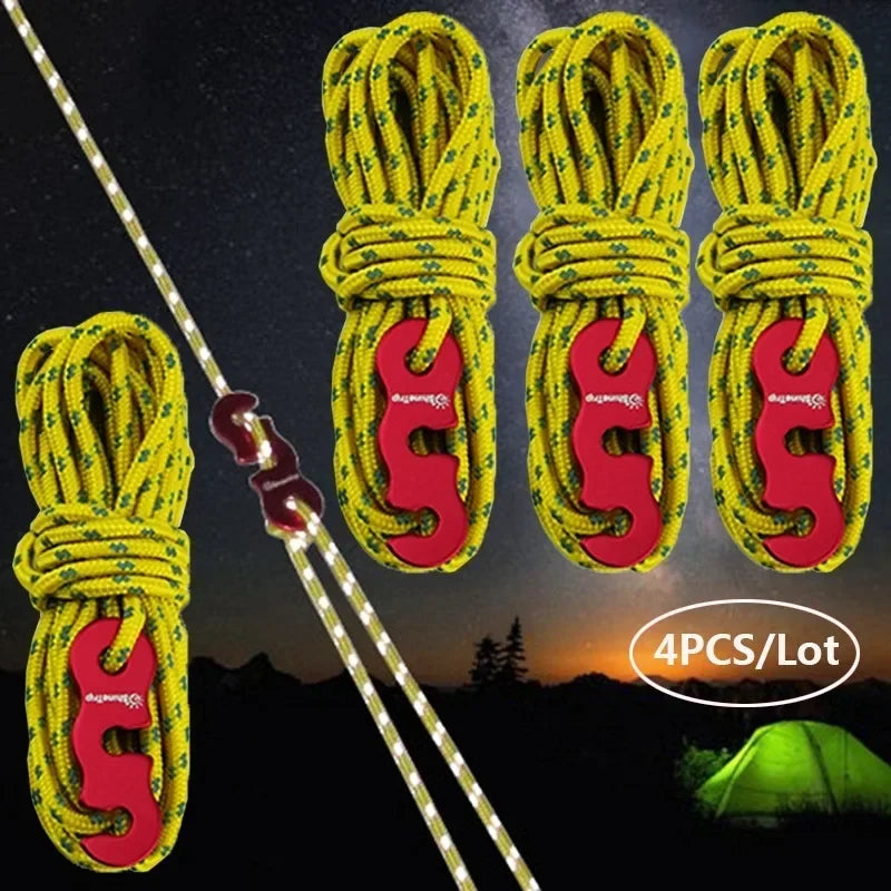 4-Set Reflective Tent Ropes & Quick-Adjust Buckles | Camping