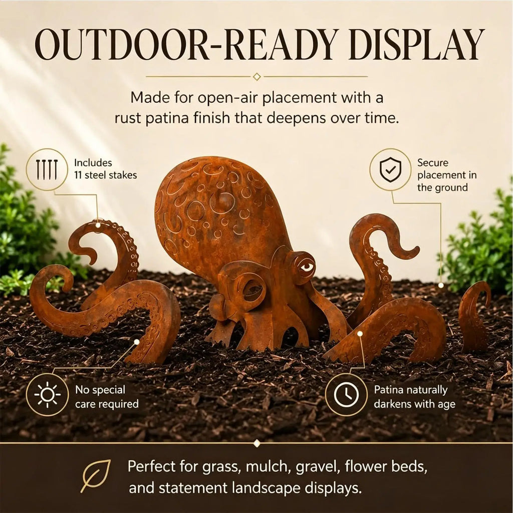 Octopus Statue Vintage Iron Squid Sculpture Figurine Coastal Art Rust Giant Octopus for Outdoor Lawn Pathway Park Backyard Patio Zpaxo