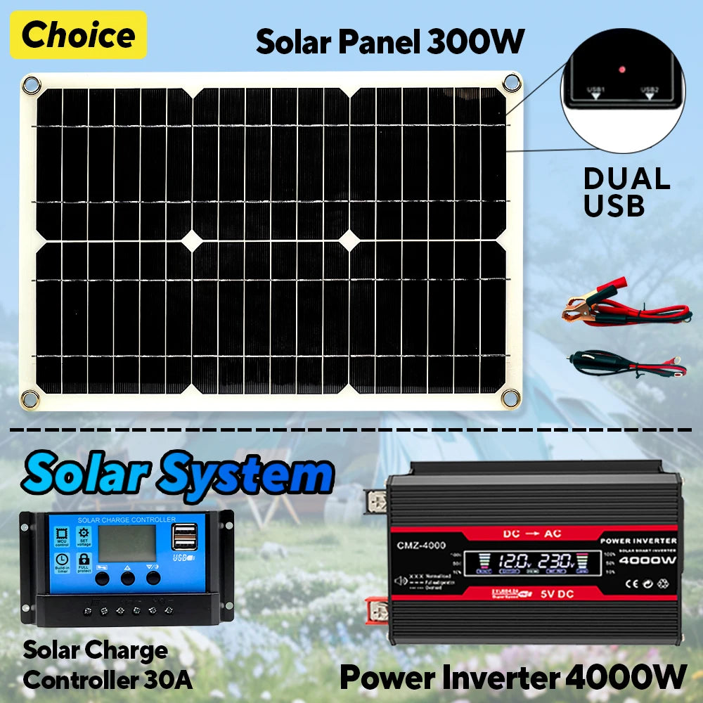 12V To 110V/220V Solar Panel System 600WSolar Panel Battery Charge Controller 6000W Solar Inverter Kit Complete Power Generation Zpaxo