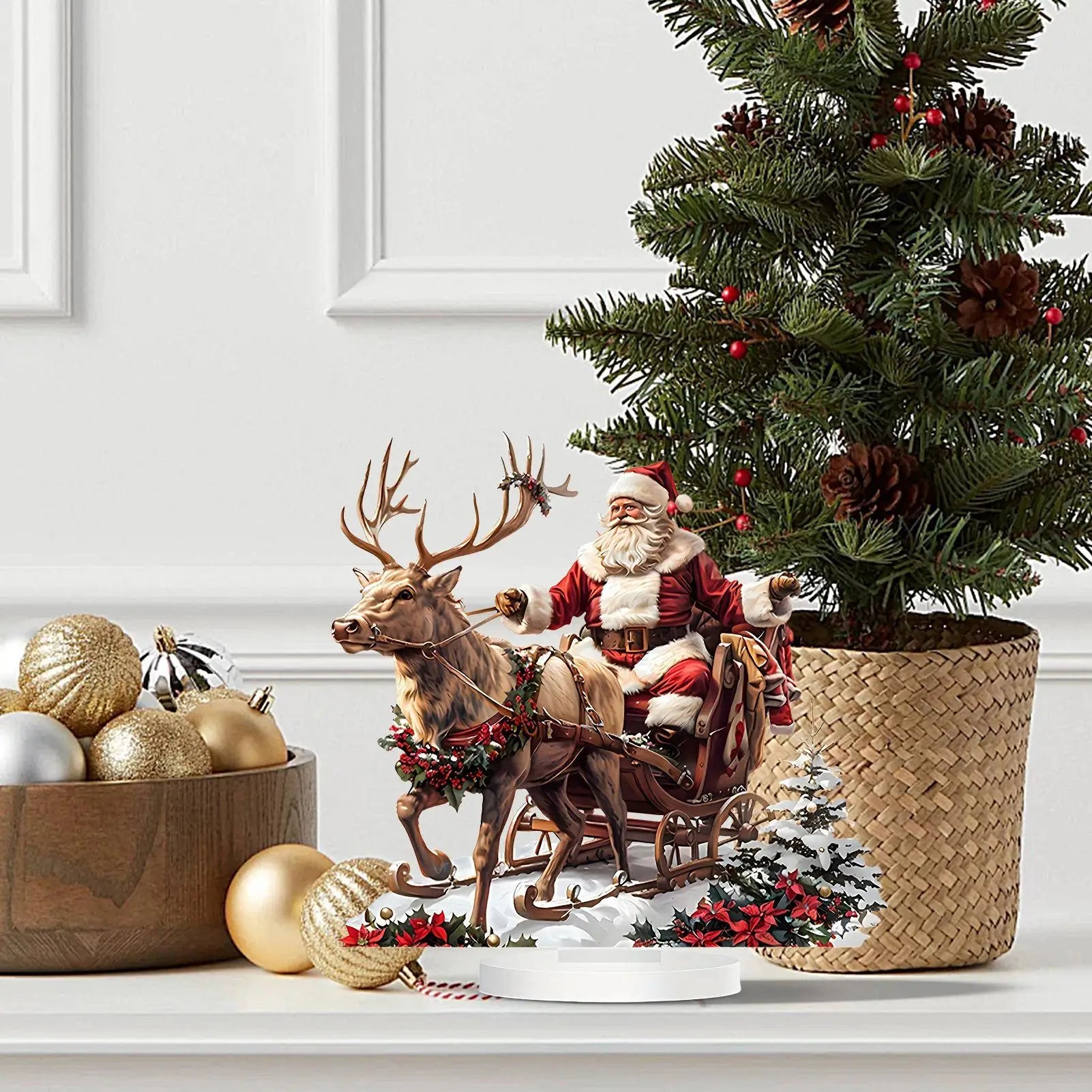 Santa Sleigh Decor 2D Acrylic Desktop Ornament with Santa Claus and Reindeers for Christmas Table Home Office Holiday Decoration