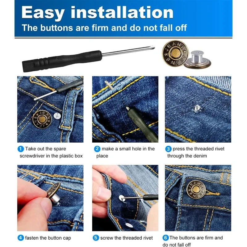 No-Sew Metal Snap Jeans Button Replacement Kit – 10/20/30 Pcs