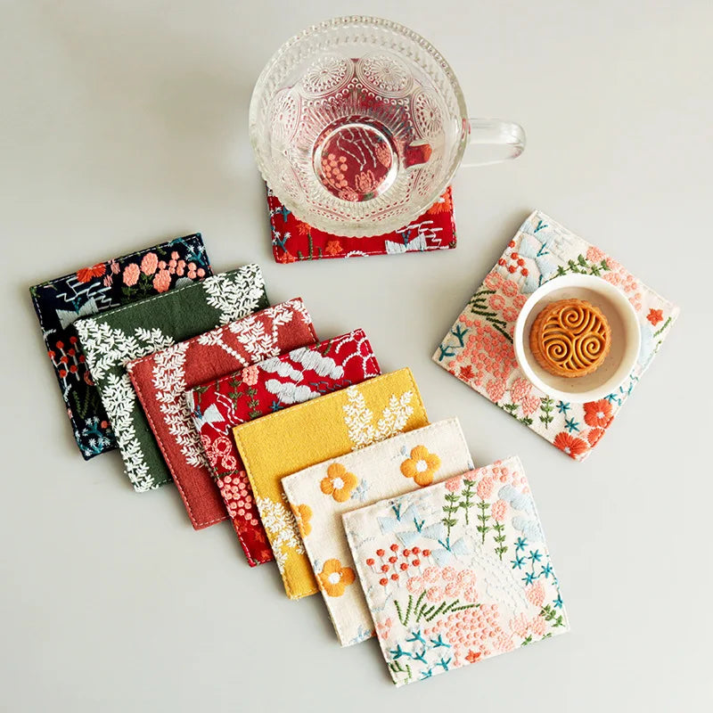 Cotton Hemp Embroidery Cup Mat – Thick Insulated Tea Coaster Tea Table Coaster Zpaxo