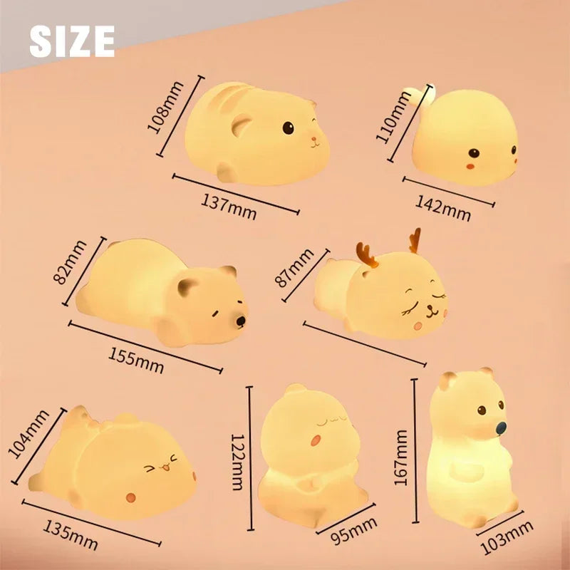 Cute Animal LED Night Light – USB Rechargeable Kids Bedside Lamp