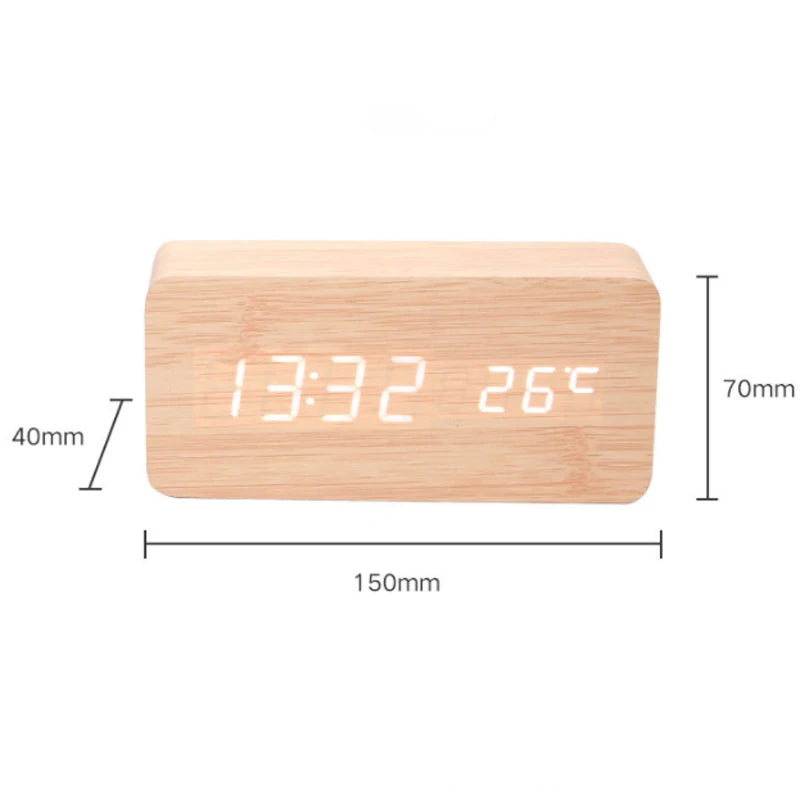 LED Student Alarm Clock Simple Wooden Temperature Display Sound
