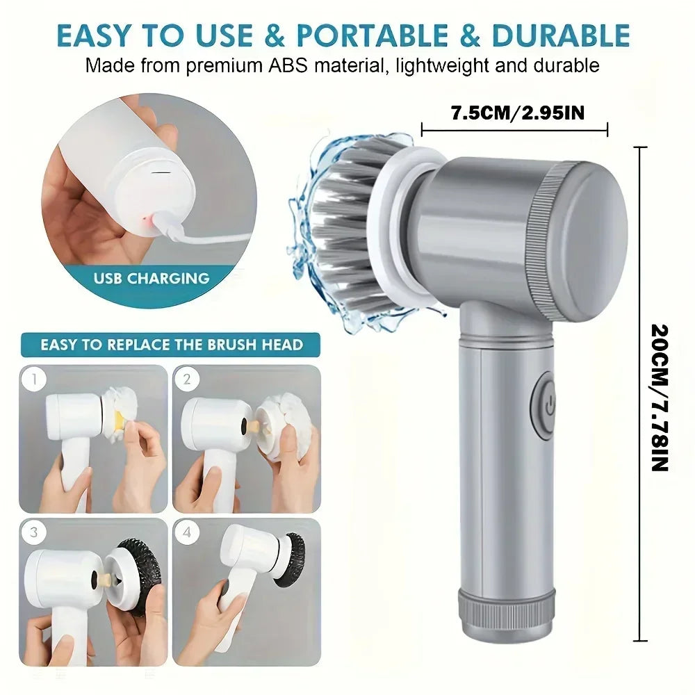 Electric Spin Scrubber Cordless 5 Replaceable Brush Heads Cleaning