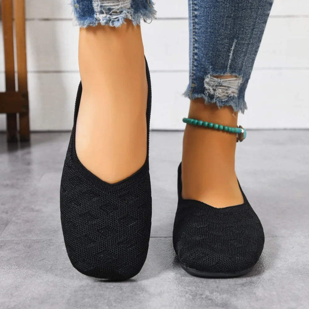 2026 Spring Autumn Square Toe Flat Office Boat Solid Knitted Slip