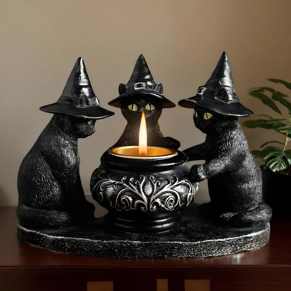 Halloween Black Cat Candlestick Resin Witch Statue Tealight Candle