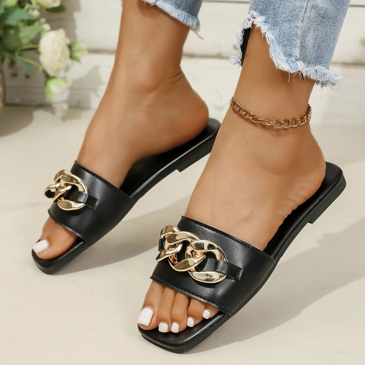 Women Slippers Summer Comfort Outdoor Shoes Metal Chain Flat Fashion Zpaxo black 43