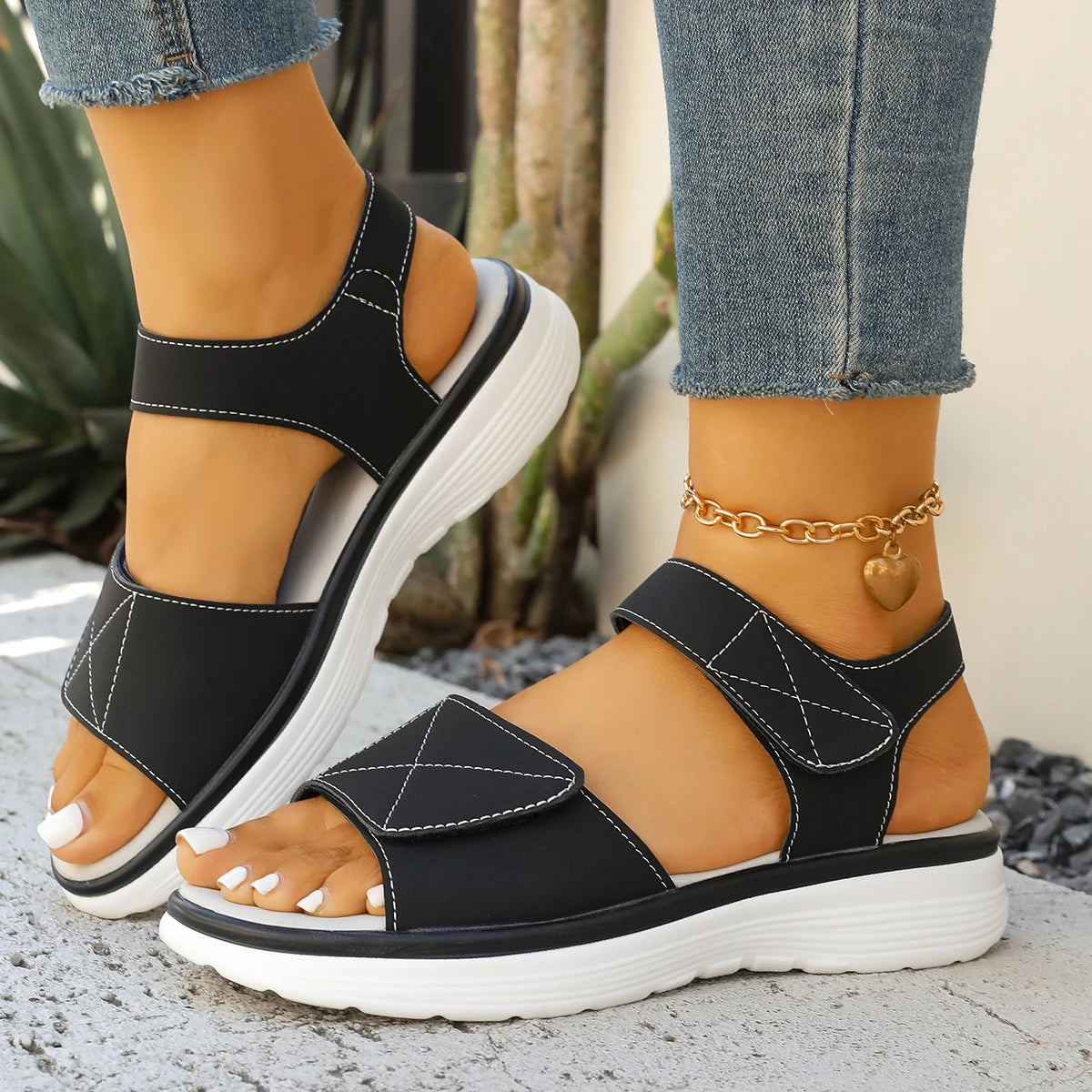 Trend Women Casual Sandals Summer Retro Flat Open Toe Outdoor Shoes Comfortable Lightweight Shoes Wedge Platform Sandals Female Zpaxo black 43