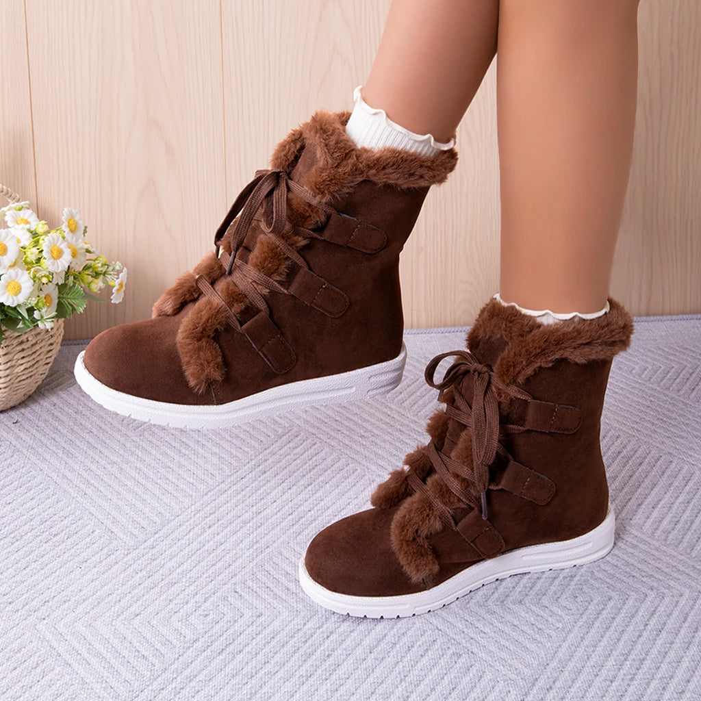 Women Shoes Winter New Plush Waterproof Anti-Slip Women Snow Boots Thermal Insulation Lace Up Outdoor Mid Calf Boots for Women Zpaxo