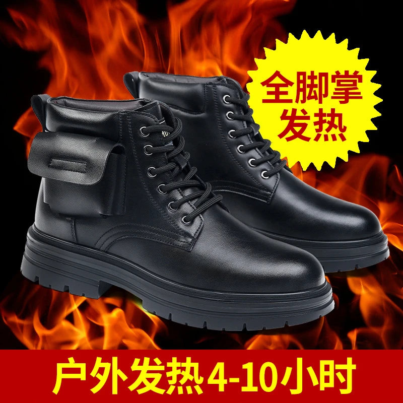 Mens Rechargeable Heated Winter Boots Wool Lined Leather Snow Thick Zpaxo