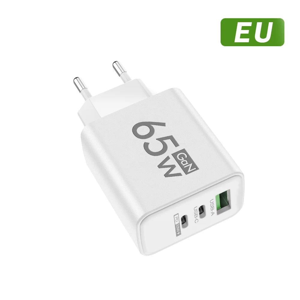 65W 3 Port GaN USB Charger Type C Fast Charging Phone Charger Adapter For iPhone Samsung Xiaomi Huawei Quick Charge Wall Charger Zpaxo EU White