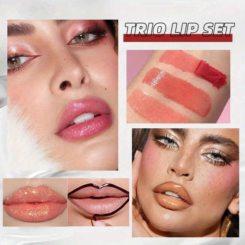 3-Pack non-stick cup matte pattern embroidery peel-off tear-off lip gloss lip line easy-to-color mirror pearlescent lip oil set Zpaxo