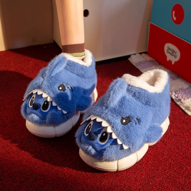 SHAJI Unisex Cute Cartoon Shark Plush Slippers Winter Warm EVA Thick