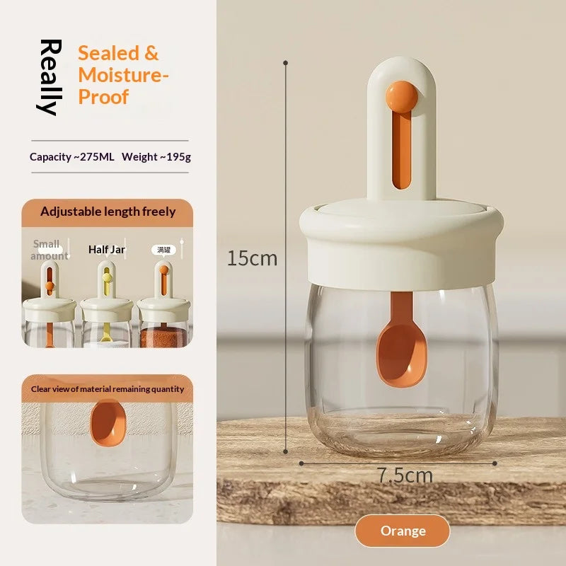 Glass Seasoning Jar with Retractable Spoon Lid | Sealed Salt Box Seasoning Jar Zpaxo