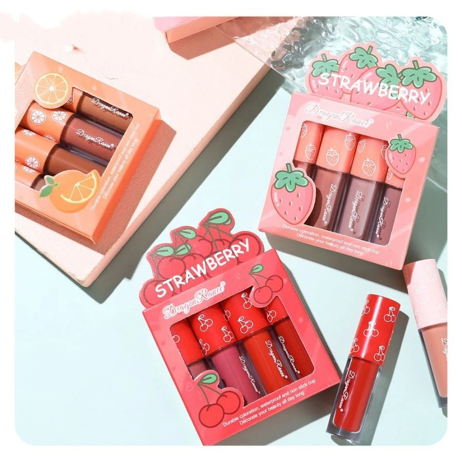 Mini Velvet Matte Lip Gloss Set, 4-Piece Non-Fading, Non-Stick Cup, Long-Lasting Fruit Scented Lip Tint, Smooth and Lightweight Zpaxo